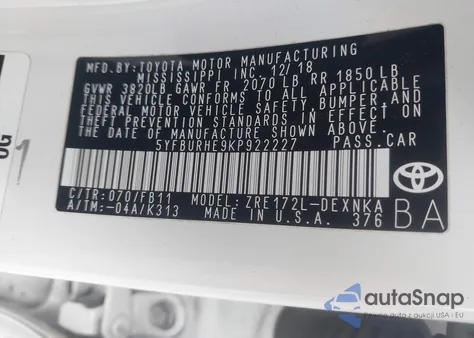 2019 Toyota Corolla Le z USA, uszkodzony, nr VIN 5YFBURHE9KP922227